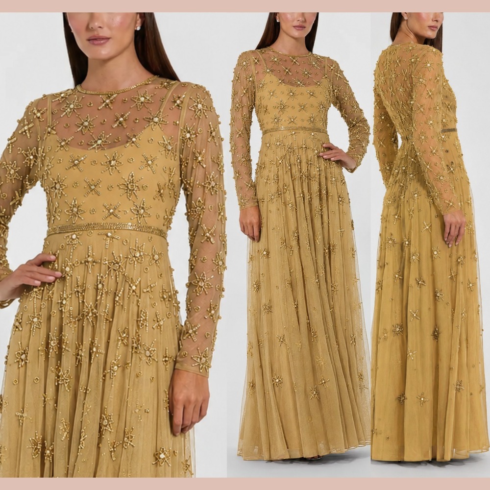 NEW MAC DUGGAL [ 10 ] 94216 Long Sleeve Crystal Embellished Gown Gold Q1307‎